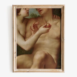 Stampa artistica di Adamo ed Eva, dettaglio di pittura antica, arte sensuale, arte della parete lunatica, arte dell'Accademia oscura