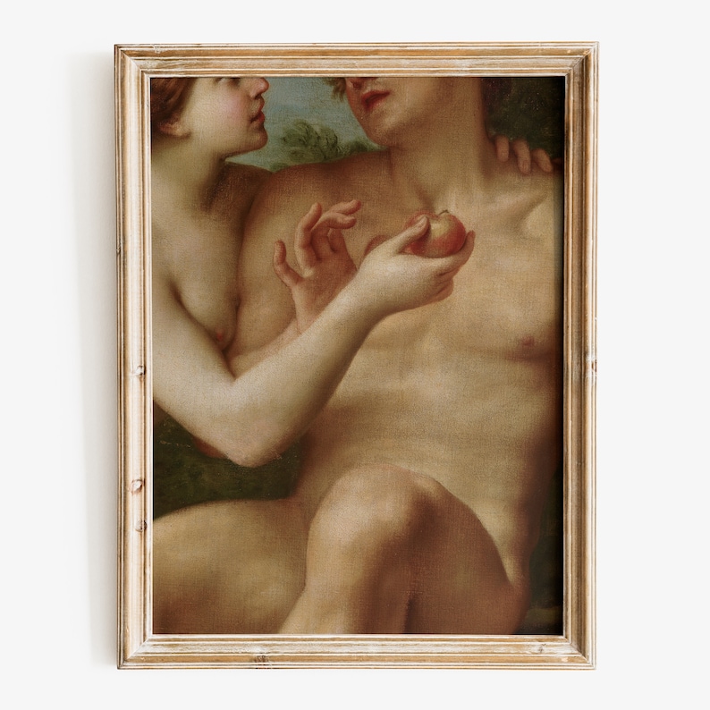 Adam and Eve Art Print, Antique Painting Detail, Sensual art, Moody Wall Art, Dark Academia art image 1