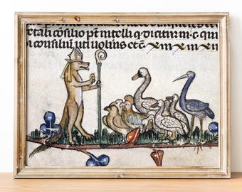 May include: A medieval illustration depicting a fox wearing a bishop's hat and holding a staff, surrounded by a group of birds, including a swan and a heron. The text above the image reads "ctah öhilo pt metih qoinam c.qn lauhilui uaiuohins cta im im in"