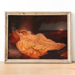 May include: A painting depicting a woman asleep in a golden robe beneath a tree, with a sunset visible in the background.