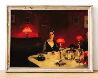 Puede incluir: Una pintura de una pareja sentada a una mesa con pantallas de lámparas rojas y un mantel blanco. La mujer lleva un vestido negro y el hombre lleva un traje oscuro. La pintura está ambientada en una habitación tenue con paredes rojas.