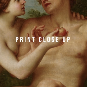 May include: A close-up of a painting depicting a man and a woman. The man is holding a red apple in his hand, and the woman is reaching out to touch it. The painting is in a Renaissance style, with realistic details and soft colours.