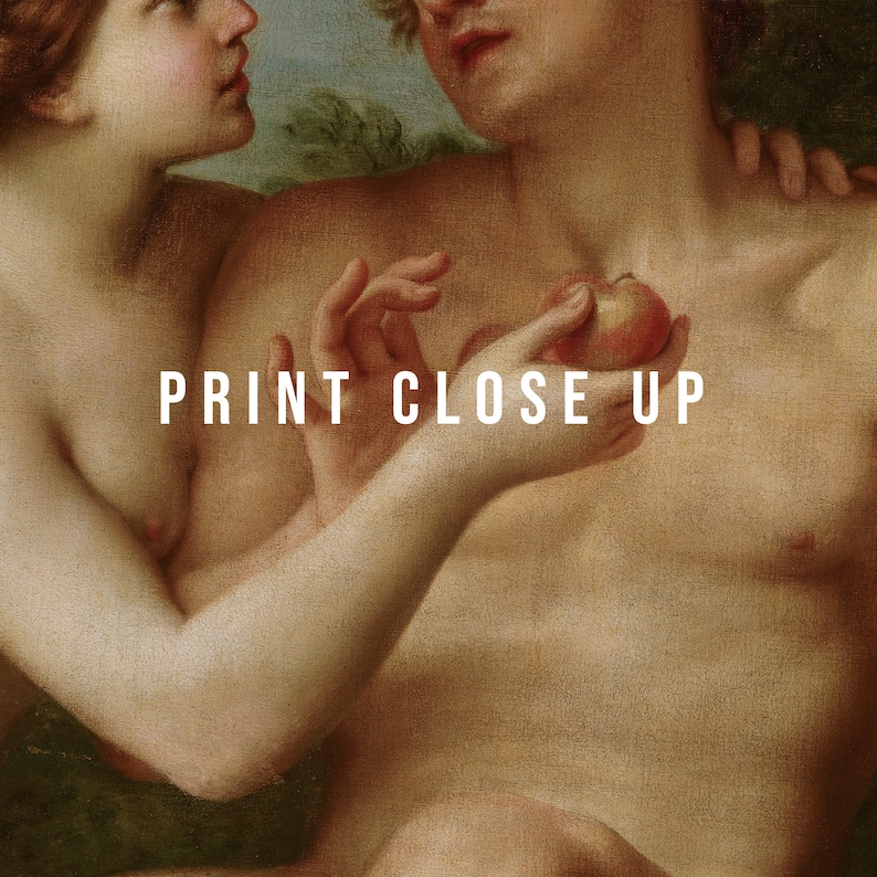 May include: A close-up of a painting depicting a man and a woman. The man is holding a red apple in his hand, and the woman is reaching out to touch it. The painting is in a Renaissance style, with realistic details and soft colours.