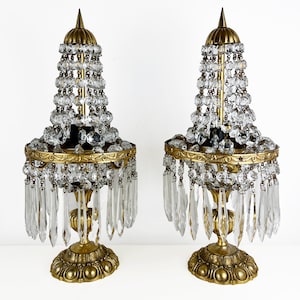 Pair of vintage Chandelier Crystal Table Lamps, Brass Italian Empire Style bedside lamps, Art Deco Table Lamp Nightstand