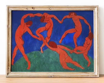 May include: A painting of five figures dancing in a circle against a blue background. The figures are nude and painted in shades of red. The background is a deep blue with a green hill at the bottom.