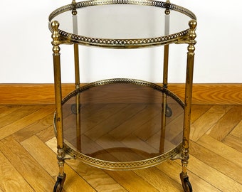 Mid-century Round Brass and Glass Rolling Trolley, Vintage Bar Cart, Serving Cart, Tea Cart