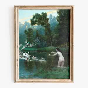 May include: A painting depicting a woman standing in a river with a white swan and several cherubs swimming around her. The woman is nude and has long dark hair. The background is a lush green forest with a blue sky.