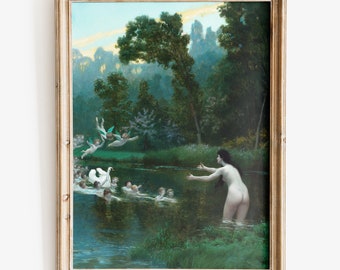 Può includere: Un dipinto che raffigura una donna in piedi in un fiume con un cigno bianco e diversi cherubini che nuotano intorno a lei. La donna è nuda e ha lunghi capelli scuri. Lo sfondo è una lussureggiante foresta verde con un cielo blu.