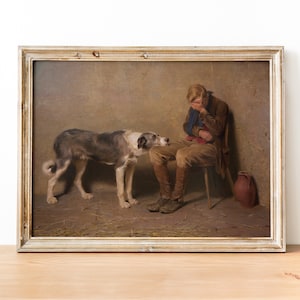May include: A painting of a young boy sitting on a chair with his head in his hands, looking sad. A dog stands next to him, looking up at the boy with concern. The painting is set in a simple room with a brown wall and a wooden floor.