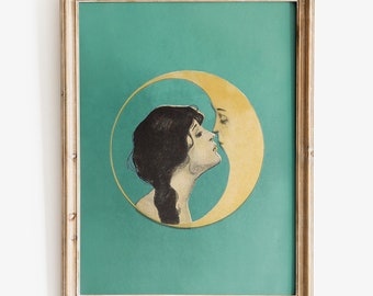 Dear Old Dixie Moon art print, Museum-quality Fine Art print, Woman Kissing Crescent Moon