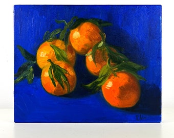 Peinture à l’huile originale, Nature morte aux mandarines, Peinture à l’huile sur toile, Petite peinture à l’huile