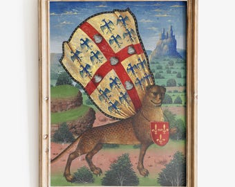May include: A painting depicting a lion with a shield on its chest and a large, colourful banner behind it. The banner features a red cross and blue birds. The lion is standing on a green field with a castle in the background.