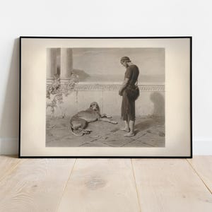 Puede incluir: Una lámina artística monocromática enmarcada que representa a una persona de pie en una terraza de piedra junto a un perro tumbado. La escena incluye columnas arquitectónicas clásicas, un muro de piedra bajo y vistas al mar en tonos grises.
