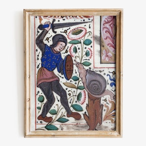 Medieval Knight fighting snail Art Print, Medieval weird art, Medieval marginalia