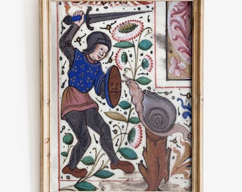 Medieval Knight fighting snail Art Print, Medieval weird art, Medieval marginalia
