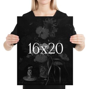 May include: A black and white print of a still life featuring a vase of flowers, a small statue, and the text "16x20".