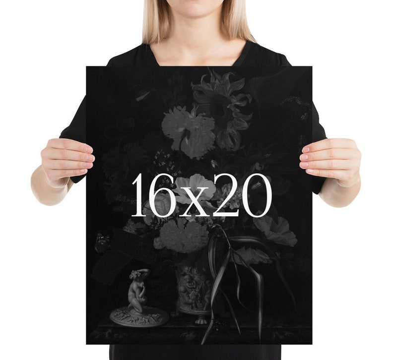 May include: A black and white print of a still life featuring a vase of flowers, a small statue, and the text "16x20".
