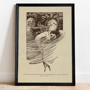 May include: Framed sepia-toned art print featuring a mermaid in a swirling sea, gazing at a large, round object. The artwork has a vintage aesthetic, with text at the bottom: "As often as the water lifted her up she peeped in through the transparent panes."