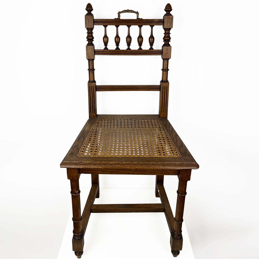 Antique Henry II Oak Chair With Cane Seat, Rattan Carved