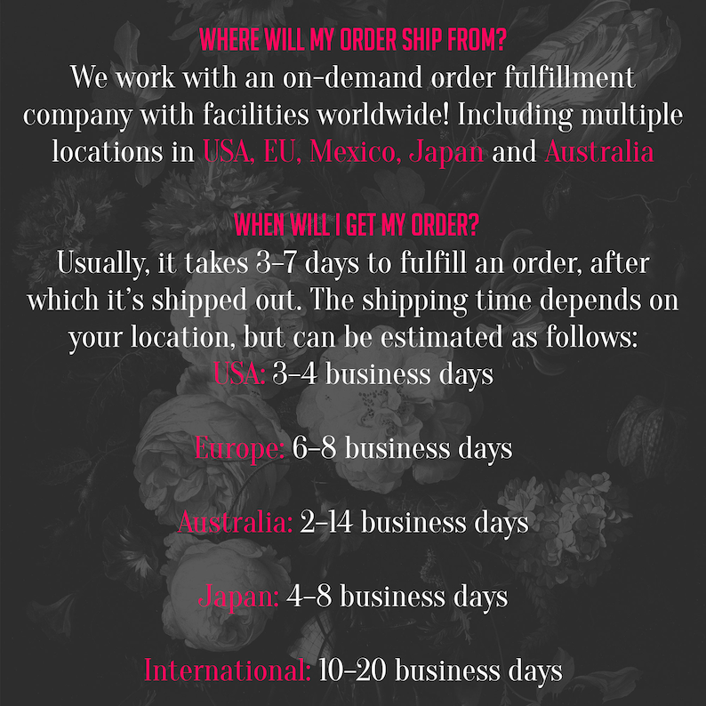 May include: A black and white image with pink text that states "WHERE WILL MY ORDER SHIP FROM?" and "WHEN WILL I GET MY ORDER?" The text explains that the company ships orders from multiple locations worldwide, including the USA, EU, Mexico, Japan, and Australia. The text also lists estimated shipping times for each location.