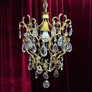 Vintage Chandelier, Antique Brass and Crystal Chandelier, Antique Lighting, Italian Light Fixture