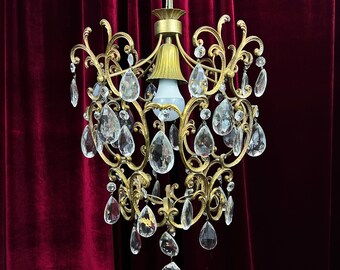 Vintage Chandelier, Antique Brass and Crystal Chandelier, Antique Lighting, Italian Light Fixture