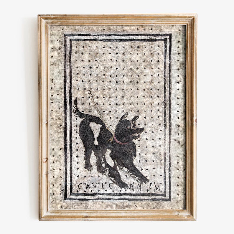 May include: A framed black and white mosaic of a dog on a leash with the text "Cave Canem" below the image.