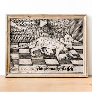 Weird Medieval Cat art print, Flaisch macht Flaisch Weird medieval art, Medieval marginalia fine art print