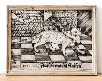 Weird Medieval Cat art print, Flaisch macht Flaisch Weird medieval art, Medieval marginalia fine art print