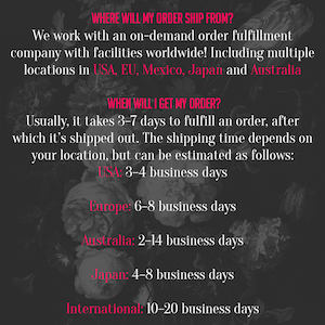 Puede incluir: Una imagen en blanco y negro con texto rosa que dice "WHERE WILL MY ORDER SHIP FROM?" y "WHEN WILL I GET MY ORDER?" El texto explica que la empresa env&iacute;a pedidos desde m&uacute;ltiples ubicaciones en todo el mundo, incluidos EE. UU., la UE, M&eacute;xico, Jap&oacute;n y Australia. El texto tambi&eacute;n enumera los tiempos de env&iacute;o estimados para cada ubicaci&oacute;n.
