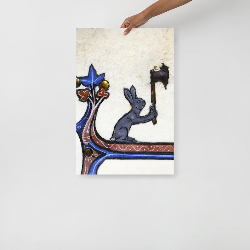 Medieval Axe Bunny Art Print, Medieval weird art, Medieval marginalia