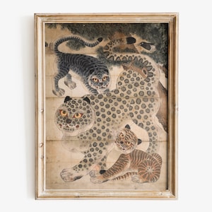 A leopard, two tigers and a magpie art print, Korean art, Asian wall art