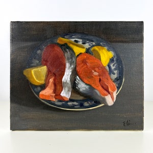 Original Oil Painting, Still life with salmon steaks on a plate, Oil on canvas small painting
