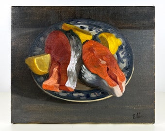 Original Oil Painting, Still life with salmon steaks on a plate, Oil on canvas small painting