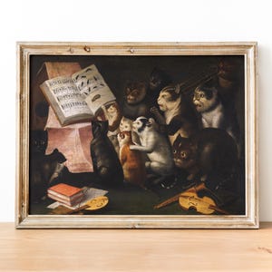 A Glaring Of Cats Making Music And Singing art print, Weird Cat Art print