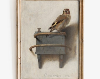 May include: A framed painting of a goldfinch perched on a wooden shelf with a small metal object. The painting is signed "C. Fabritius 1654".