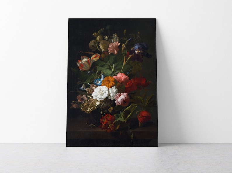 Cartel de arte floral oscuro, cartel de pintura floral holandés, impresión floral oscura grande, cartel de arte botánico oscuro imagen 1