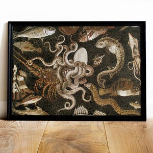 May include: A mosaic artwork depicting a variety of sea creatures, including an octopus, a lobster, a fish, and a seahorse. The mosaic is made of small, colorful tiles and is set against a black background.