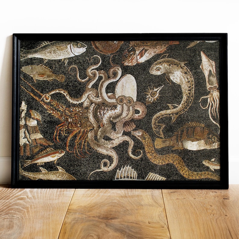 May include: A mosaic artwork depicting a variety of sea creatures, including an octopus, a lobster, a fish, and a seahorse. The mosaic is made of small, colorful tiles and is set against a black background.