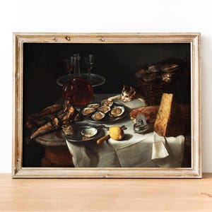 May include: A still life painting featuring a table setting with a selection of food items, including oysters, fish, cheese, and bread. A cat is seated on the table, gazing at the food. The painting is set in a dimly lit room, with a single light source illuminating the table.