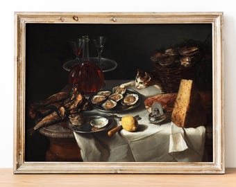Cat Stealing Food still life art print, Museum-quality Fine Art print