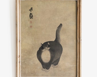 Impresión de arte del gato negro del siglo XVIII, arte chino, arte de la pared del gato