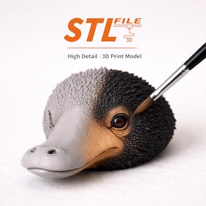 May include: A detailed 3D print model of a creature's head, featuring a gray beak, brown eyes, and a black and gray textured body. The image includes the text "STL FILE 3D" and "High Detail 3D Print Model". A paintbrush is touching the creature's eye.