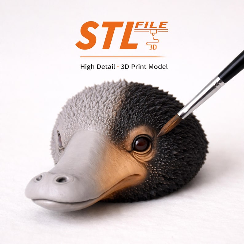 May include: A detailed 3D print model of a creature's head, featuring a gray beak, brown eyes, and a black and gray textured body. The image includes the text "STL FILE 3D" and "High Detail 3D Print Model". A paintbrush is touching the creature's eye.
