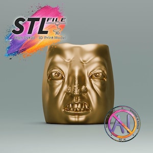 Könnte beinhalten: Ein goldfarbenes 3D-Druckmodell eines Gesichts mit grimmigem Ausdruck, sichtbaren Zähnen und texturierter Haut. Das Bild enthält den Text STL FILE High Detail 3D Print Model und ein kreisförmiges Abzeichen mit dem Text NO AI.