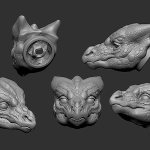 Könnte beinhalten: Fünf verschiedene Ansichten eines 3D-Modells eines Drachenkopfes. Das Modell ist mit Schuppen detailliert und hat eine strukturierte Oberfläche.