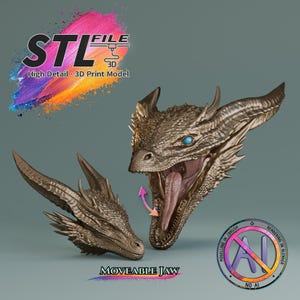May include: A 3D print model of a dragon head featuring a moveable jaw, textured scales, and bright blue eyes. The digital file includes text reading STL FILE High Detail 3D Print Model, Moveable Jaw, and a circular icon with the text No AI.