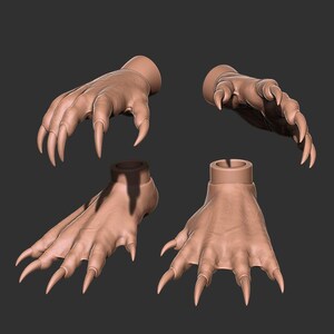 May include: Four brown, clawed hands and feet are displayed against a dark gray background. The hands and feet have long, sharp claws and are sculpted with detailed textures. The overall theme suggests a fantasy or monster-themed product.