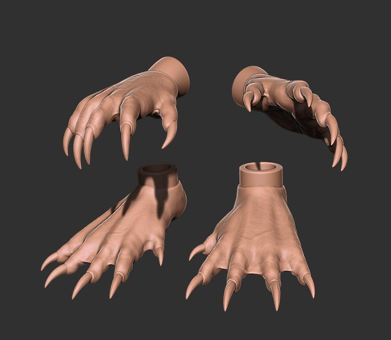 May include: Four brown, clawed hands and feet are displayed against a dark gray background. The hands and feet have long, sharp claws and are sculpted with detailed textures. The overall theme suggests a fantasy or monster-themed product.