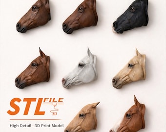 May include: Eight wall-mounted horse head sculptures in various coat colors including brown, black, white, and tan. The text "STL FILE" and "High Detail 3D Print Model" is printed in orange and black at the bottom left of the image.